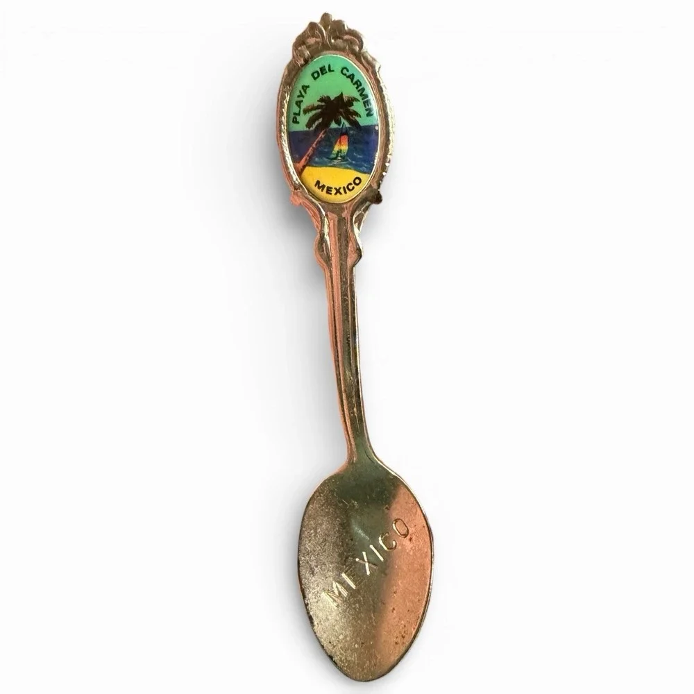 Vintage Playa Del Carmen Mexico Souvenir Spoon Enameled Beach Palm Tree Crest